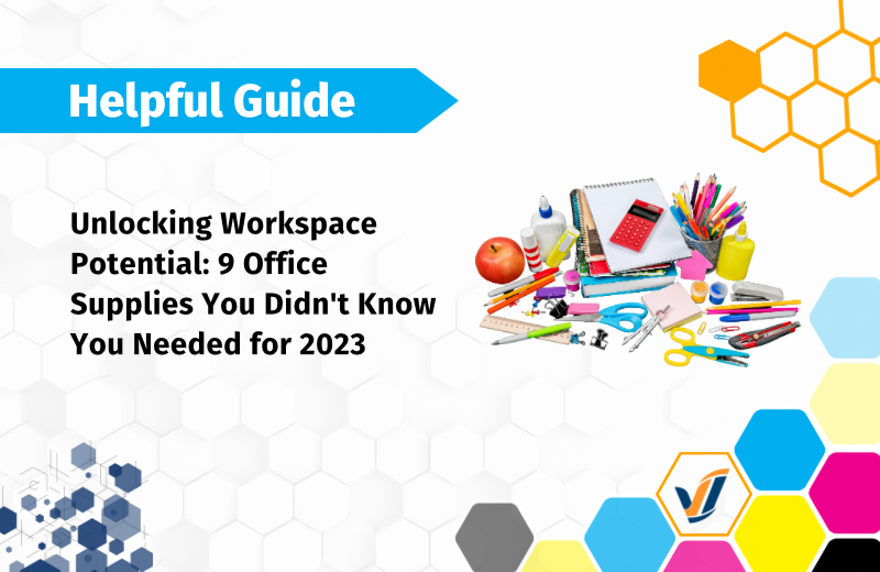 9 essential office supplies on a desk in a modern workspace 