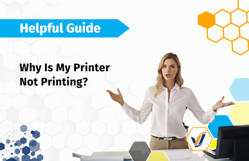 Why is printer not printing? Professional woman expressing "why" with her hands in the air