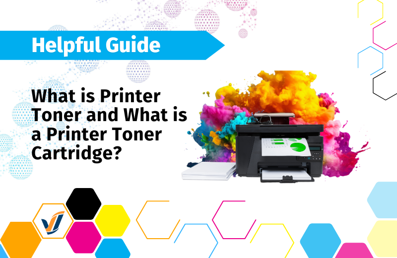 Laser printer with CMYK Toner floating behind it - Viable Imaging